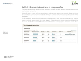 Parte II
OQUEDEVE
SERMEDIDO
13 WEB ANALYTICS
NA PRÁTICA
3o Nível: O desempenho de cada fonte de tráfego específica
Chegamos aqui a um nível de métricas mais detalhado e que deve ser capaz de indicar ações específicas como
oportunidades de melhoria.
A intenção agora é analisar de forma mais profunda o desempenho de cada uma das fontes de tráfego, bem como
de outros fatores que influenciam nas ações de otimização, ajustes de campanhas, produção de conteúdo, mídias
sociais, etc .
Qualquer trabalho de otimização (SEO) e compra de mídia começa antes com uma boa escolha das palavras
chave importantes para o negócio. Além disso, faça uma análise competitiva de cada uma delas: confira volume
de buscas, dificuldade de compra (CPC médio, concorrência) e o seu ranking orgânico atual para a palavra chave.
 