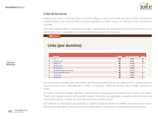 Parte II
OQUEDEVE
SERMEDIDO
16 WEB ANALYTICS
NA PRÁTICA
Links de terceiros
Analise quais foram os sites que mais te enviaram tráfego e a taxa de conversão de cada um deles. Dessa forma
é possível saber quais veículos podem te ajudar na geração de Leads e manter um relacionamento mais próximo
com eles.
Essa informação também é essencial para avaliar o desempenho de campanhas de compra de mídia em outros
canais, bem como o resultado concreto do trabalho de assessoria de imprensa.
Aqui é importante também fazer uma análise geral da atuação da empresa nas mídias sociais. Verifique primeiro
o quanto esses canais - especialmente o Twitter e o Facebook - estão contribuindo para o tráfego e geração de
Leads.
No Twitter, é possível também identificar especificamente quais pessoas trouxeram mais visitas com tweets.
Tweets com muitas menções e RTs também indicam conteúdos que agradaram, enquanto a taxa de cliques por
tweet pode te ajudar a calibrar as chamadas (títulos) dos tweets e posts.
No Facebook as informações são parecidas, e o próprio Facebook fornece os detalhes mais importantes para o
administrador da página, como o percentual de interações em cada post e a quantidade de usuários ativos.
 