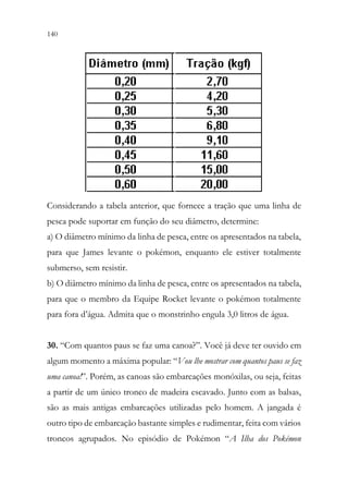 140 138
Considerando a tabela anterior, que fornece a tração que uma linha de
pesca pode suportar em função do seu diâmetro, determine:
a) O diâmetro mínimo da linha de pesca, entre os apresentados na tabela,
para que James levante o pokémon, enquanto ele estiver totalmente
submerso, sem resistir.
b) O diâmetro mínimo da linha de pesca, entre os apresentados na tabela,
para que o membro da Equipe Rocket levante o pokémon totalmente
para fora d’água. Admita que o monstrinho engula 3,0 litros de água.
30. “Com quantos paus se faz uma canoa?”. Você já deve ter ouvido em
algum momento a máxima popular: “Vou lhe mostrar com quantos paus se faz
uma canoa!”. Porém, as canoas são embarcações monóxilas, ou seja, feitas
a partir de um único tronco de madeira escavado. Junto com as balsas,
são as mais antigas embarcações utilizadas pelo homem. A jangada é
outro tipo de embarcação bastante simples e rudimentar, feita com vários
troncos agrupados. No episódio de Pokémon “A Ilha dos Pokémon
 