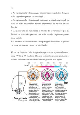 162 160
a) Ao passar em alta velocidade, ele cria um vácuo parcial atrás de si, que
acaba sugando as pessoas em sua direção.
b) Ao passar em alta velocidade, ele empurra o ar à sua frente, o qual, em
razão do forte movimento, retorna empurrando as pessoas em sua
direção.
c) Ao passar em alta velocidade, a pressão do ar “arrastado” por ele
diminui, e o ar em volta, por estar com maior pressão, empurra as pessoas
nesse sentido.
d) A massa de ar deslocada com a sua passagem desequilibra as pessoas
em volta, que acabam caindo em sua direção.
62. A voz humana emite frequências que variam, aproximadamente,
entre 100 Hz e 400 Hz. Essa diferença entre as frequências emitidas por
homens e mulheres caracteriza vozes mais graves e mais agudas.
 