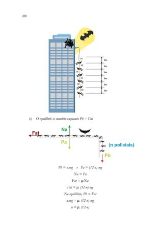 280 278
b) O equilíbrio se mantém enquanto Pb = Fat
Pb = n.mg e Pa = (12-n) mg
Na = Pa
Fat = μ.Na
Fat = μ. (12-n) mg
No equilíbrio, Pb = Fat
n.mg = μ. (12-n) mg
n = μ. (12-n)
 