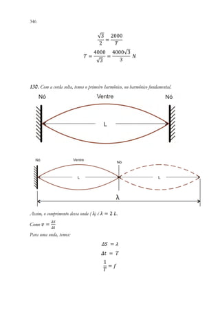 346 344
√3
2
=
2000
𝑇𝑇
𝑇𝑇 =
4000
√3
=
4000√3
3
𝑁𝑁
130. Com a corda solta, temos o primeiro harmônico, ou harmônico fundamental.
Assim, o comprimento dessa onda ( λ) é 𝜆𝜆 = 2 𝐿𝐿.
Como 𝑣𝑣 =
𝛥𝛥𝛥𝛥
𝛥𝛥𝛥𝛥
Para uma onda, temos:
𝛥𝛥𝛥𝛥 = 𝜆𝜆
𝛥𝛥𝛥𝛥 = 𝑇𝑇
1
𝑇𝑇
= 𝑓𝑓
 