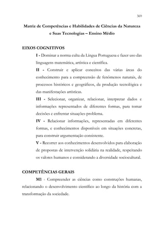369
367
Matriz de Competências e Habilidades de Ciências da Natureza
e Suas Tecnologias – Ensino Médio
EIXOS COGNITIVOS
I - Dominar a norma culta da Língua Portuguesa e fazer uso das
linguagens matemática, artística e científica.
II - Construir e aplicar conceitos das várias áreas do
conhecimento para a compreensão de fenômenos naturais, de
processos históricos e geográficos, da produção tecnológica e
das manifestações artísticas.
III - Selecionar, organizar, relacionar, interpretar dados e
informações representados de diferentes formas, para tomar
decisões e enfrentar situações-problema.
IV - Relacionar informações, representadas em diferentes
formas, e conhecimentos disponíveis em situações concretas,
para construir argumentação consistente.
V - Recorrer aos conhecimentos desenvolvidos para elaboração
de propostas de intervenção solidária na realidade, respeitando
os valores humanos e considerando a diversidade sociocultural.
COMPETÊNCIAS GERAIS
M1 - Compreender as ciências como construções humanas,
relacionando o desenvolvimento científico ao longo da história com a
transformação da sociedade.
 