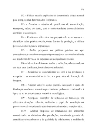 371
369
H2 – Utilizar modelo explicativo de determinada ciência natural
para compreender determinados fenômenos.
H3 - Associar a solução de problemas de comunicação,
transporte, saúde, ou outro, com o correspondente desenvolvimento
científico e tecnológico.
H4 - Confrontar diferentes interpretações de senso comum e
científicas sobre práticas sociais, como formas de produção, e hábitos
pessoais, como higiene e alimentação.
H5 - Avaliar propostas ou políticas públicas em que
conhecimentos científicos ou tecnológicos estejam a serviço da melhoria
das condições de vida e da superação de desigualdades sociais.
H6 – Identificar diferentes ondas e radiações, relacionando-as
aos seus usos cotidianos, hospitalares ou industriais.
H7 – Relacionar as características do som a sua produção e
recepção, e as características da luz aos processos de formação de
imagens.
H8 – Analisar variáveis como pressão, densidade e vazão de
fluidos para enfrentar situações que envolvam problemas relacionados à
água, ou ao ar, em processos naturais e tecnológicos.
H9 - Comparar exemplos de utilização de tecnologia em
diferentes situações culturais, avaliando o papel da tecnologia no
processo social e explicando transformações de matéria, energia e vida.
H10 - Analisar propostas de intervenção nos ambientes
considerando as dinâmicas das populações, associando garantia de
estabilidade dos ambientes e da qualidade de vida humana a medidas de
 