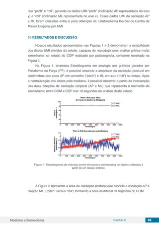 Medicina e Biomedicina Capítulo 9 69
real “pitch” e “roll”, gerando os dados UMI “pitch” (inclinação AP representada no eixo
y) e “roll” (inclinação ML representada no eixo x). Esses dados UMI de oscilação AP
e ML foram cruzados entre si para obtenção da Estabilometria Inercial do Centro de
Massa Corporal por UMI.
3 | RESULTADOS E DISCUSSÃO
Nossos resultados apresentados nas Figuras 1 e 2 demonstram a estabilidade
dos dados UMI aferidos do celular, capazes de reproduzir uma análise gráfica muito
semelhante ao estudo do COP realizado por posturografia, conforme mostrado na
Figura 3.
Na Figura 1, chamada Estabilograma em analogia aos gráficos gerados por
Plataforma de Força (PF), é possível observar a amplitude da oscilação postural em
centímetros dos eixos AP em vermelho (“pitch”) e ML em azul (“roll”) no tempo. Após
a normalização dos dados pela mediana, é possível observar o ponto de intersecção
das duas direções de oscilação corporal (AP e ML) que representa o momento do
alinhamento entre COM e COP nos 10 segundos de análise deste estudo.
Figura 1 - Estabilograma de indivíduo jovem em postura semiestática por dados coletados a
partir de um celular android.
A Figura 2 apresenta a área de oscilação postural que associa a oscilação AP à
direção ML, (“pitch” versus “roll”) formando a área multifocal da trajetória do COM.
 