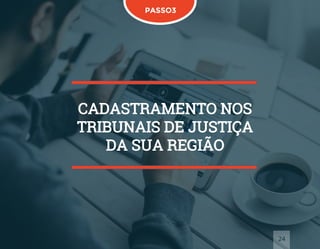 24
PASSO3
CADASTRAMENTO NOS
TRIBUNAIS DE JUSTIÇA
DA SUA REGIÃO
 