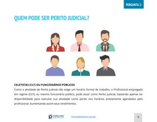 QUEM PODE SER PERITO JUDICIAL?
CELETISTAS (CLT) OU FUNCIONÁRIOS PÚBLICOS
Como a atividade de Perito Judicial não exige um horário formal de trabalho, o Profissional empregado
em regime (CLT), ou mesmo funcionário público, pode atuar como Perito Judicial, bastando apenas ter
disponibilidade para executar sua atividade como perito nos horários previamente agendados pelo
profissional. Aumentando assim seus rendimentos.
9
FernandoSarian.com.br
PERGUNTA 2:
 