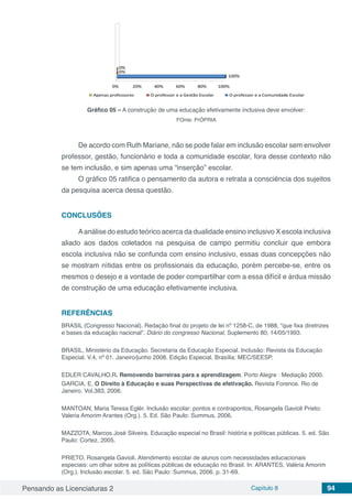 Pensando as Licenciaturas 2 Capítulo 8 94
Gráfico 05 – A construção de uma educação efetivamente inclusiva deve envolver:
FOnte: PrÓPRIA
De acordo com Ruth Mariane, não se pode falar em inclusão escolar sem envolver
professor, gestão, funcionário e toda a comunidade escolar, fora desse contexto não
se tem inclusão, e sim apenas uma “inserção” escolar.
O gráfico 05 ratifica o pensamento da autora e retrata a consciência dos sujeitos
da pesquisa acerca dessa questão.
CONCLUSÕES
Aanálise do estudo teórico acerca da dualidade ensino inclusivo X escola inclusiva
aliado aos dados coletados na pesquisa de campo permitiu concluir que embora
escola inclusiva não se confunda com ensino inclusivo, essas duas concepções não
se mostram nítidas entre os profissionais da educação, porém percebe-se, entre os
mesmos o desejo e a vontade de poder compartilhar com a essa difícil e árdua missão
de construção de uma educação efetivamente inclusiva.
REFERÊNCIAS
BRASIL (Congresso Nacional). Redação final do projeto de lei nº 1258-C, de 1988, “que fixa diretrizes
e bases da educação nacional”. Diário do congresso Nacional, Suplemento 80, 14/05/1993.
BRASIL, Ministério da Educação. Secretaria da Educação Especial. Inclusão: Revista da Educação
Especial. V.4, nº 01. Janeiro/junho 2008. Edição Especial. Brasília: MEC/SEESP.
EDLER CAVALHO,R. Removendo barreiras para a aprendizagem. Porto Alegre : Mediação 2000.
GARCIA. E. O Direito à Educação e suas Perspectivas de efetivação. Revista Forence. Rio de
Janeiro. Vol.383, 2006.
MANTOAN, Maria Teresa Eglér. Inclusão escolar: pontos e contrapontos, Rosangela Gavioli Prieto:
Valeria Amorim Arantes (Org.). 5. Ed. São Paulo: Summus, 2006.
MAZZOTA, Marcos José Silveira. Educação especial no Brasil: história e políticas públicas. 5. ed. São
Paulo: Cortez, 2005.
PRIETO, Rosangela Gavioli. Atendimento escolar de alunos com necessidades educacionais
especiais: um olhar sobre as políticas públicas de educação no Brasil. In: ARANTES, Valéria Amorim
(Org.). Inclusão escolar. 5. ed. São Paulo: Summus, 2006. p. 31-69.
 
