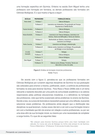 Pensando as Licenciaturas 2 Capítulo 15 157
uma formação específica em Química. Embora na escola Dom Miguel tenha uma
professora com formação em farmácia, os demais professores são formados em
Ciências Biológicas. É o que mostra a figura a seguir:
Figura 2: Análise da formação inicial dos professores.
Fonte: Própria
De acordo com a figura 2, percebeu-se que os professores formados em
Ciências Biológicas por cursarem algumas disciplinas de Química na sua graduação
são colocados para ensinar a mesma, justificando, assim, a carência de profissionais
formados na área para lecionar Química. Para Rosa e Rossi (2008) este é um tema
relevante e bastante discutido por uma parte da comunidade acadêmica e os setores
responsáveis pelas políticas educacionais brasileiras, é a deficiência na formação
dos professores, visto que tenha ocasionado sérios problemas no ensino da Química.
Devido a isso, os cursos de licenciatura necessitam passar por uma reflexão, buscando
solucionar esses problemas. Os professores ainda alegam que a distribuição das
disciplinas na qual lecionam, muitas vezes não tem a ver com a sua formação inicial e
sim com a facilidade que têm de ensinar em relação a outros profissionais, ou por ser
uma área afim da sua formação inicial, ou mesmo por uma necessidade de completar
a carga horária. É o que diz as seguintes falas:
“Me colocam para lecionar Química porque tenho uma maior facilidade com
cálculos. Eu nunca dei uma de Biologia na minha vida sempre foi de Química,
Física e Matemática.” (Professora 10 da escola Arnaldo Assunção)
 
