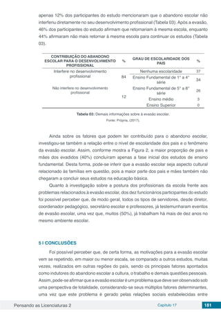 Pensando as Licenciaturas 2 Capítulo 17 181
apenas 12% dos participantes do estudo mencionaram que o abandono escolar não
interferiu diretamente no seu desenvolvimento profissional (Tabela 03). Após a evasão,
46% dos participantes do estudo afirmam que retornariam à mesma escola, enquanto
44% afirmaram não mais retornar à mesma escola para continuar os estudos (Tabela
03).
CONTRIBUIÇÃO DO ABANDONO
ESCOLAR PARA O DESENVOLVIMENTO
PROFISSIONAL
%
GRAU DE ESCOLARIDADE DOS
PAIS
%
Interfere no desenvolvimento
profissional 84
Nenhuma escolaridade 37
Ensino Fundamental de 1° a 4°
série
34
Não interfere no desenvolvimento
profissional
12
Ensino Fundamental de 5° a 8°
série
26
Ensino médio 3
Ensino Superior 0
Tabela 03: Demais informações sobre à evasão escolar.
Fonte: Própria, (2017).
Ainda sobre os fatores que podem ter contribuído para o abandono escolar,
investigou-se também a relação entre o nível de escolaridade dos pais e o fenômeno
da evasão escolar. Assim, conforme mostra a Figura 2, a maior proporção de pais e
mães dos evadidos (40%) concluíram apenas a fase inicial dos estudos de ensino
fundamental. Desta forma, pode-se inferir que a evasão escolar seja aspecto cultural
relacionado às famílias em questão, pois a maior parte dos pais e mães também não
chegaram a concluir seus estudos na educação básica.
Quanto à investigação sobre a postura dos profissionais da escola frente aos
problemas relacionados à evasão escolar, dos dez funcionários participantes do estudo
foi possível perceber que, de modo geral, todos os tipos de servidores, desde diretor,
coordenador pedagógico, secretário escolar e professores, já testemunharam eventos
de evasão escolar, uma vez que, muitos (50%), já trabalham há mais de dez anos no
mesmo ambiente escolar.
5 | 	CONCLUSÕES
Foi possível perceber que, de certa forma, as motivações para a evasão escolar
vem se repetindo, em maior ou menor escala, se comparado a outros estudos, muitas
vezes, realizados em outras regiões do país, sendo os principais fatores apontados
como indutores do abandono escolar a cultura, o trabalho e demais questões pessoais.
Assim,pode-seafirmarqueaevasãoescolaréumproblemaquedeveserobservadosob
uma perspectiva de totalidade, considerando-se seus múltiplos fatores determinantes,
uma vez que este problema é gerado pelas relações sociais estabelecidas entre
 