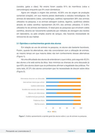 Pensando as Licenciaturas 2 Capítulo 2 23
(cavalos, gatos e cães). No ensino foram usados 91% de mamíferos (ratos e
camundongos) enquanto que 9% eram domésticos
Agora em relação a origem dos animais, 42,50% era de origem de produção
comercial (criação), em sua maioria peixes destinados a estudos toxicológicos. Os
animais de laboratório (ratos, camundongos, coelhos) representem 28% dos animais
utilizados na pesquisa, e os animais selvagem (cobras, lagartos, quelônios) obtidos
através de coleta cientifica representam 29,10% dos animais utilizados. E 0,40%
utilizados foi de animais domésticos. O ideal para as pesquisas que envolvem coleta
científica, deveria ser futuramente substituído por métodos de clonagem dos tecidos
em laboratório, ou pelo simples exame de sangue, não havendo necessidade de
remove-los do seu habitat.
3.1 Opiniões e conhecimentos gerais dos alunos
Em relação ao uso de animais na pesquisa, os alunos são bastante favoráveis.
Porém, quando há alternativas, eles não concordariam com a utilização de animais,
ao mesmo tempo em que maioria deles não tem conhecimento dessas alternativas
(Figura 1).
Há uma dificuldade dos alunos de entenderam o que é ética, pois segundo 42,5%
dos alunos a lei está acima da ética. Isso minimiza as chances de uma discussão já
que 63% dos alunos dizem que os professores afirmam a legalidade das práticas. Por
outro lado, 87,2% dos alunos concordam que há necessidade de discutir sobre ética
(Figura 2).
Figura 1. Gráfico apresentando a opinião geral dos alunos sobre o uso de animais na pesquisa.
 