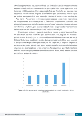 Pensando as Licenciaturas 2 Capítulo 2 25
afinidades por primatas e outros mamíferos. Ele ainda observa que um dos mamíferos
mais escolhidos havia sido amplamente divulgado pela mídia, o que sugere uma forte
influência midiática/cultural. Outra observação feita por Morris foi que as aves mais
escolhidas tinham sido os pinguins, supostamente pelo seu formato vertical capaz
de lembrar a nossa espécie, e os papagaios capazes de imitar a nossa vocalização.
– Para Morris – “esses fatos podem estar relacionados ao nosso desejo inconsciente
de antropomorfizar as outras espécies”. A partir disto, se ignorarmos o respeito pela
diversidade essa nossa preferência pelos nossos “iguais” sugere também que seja uma
característica adaptativa, pois as expressões faciais e corporais são mais facilmente
identificadas e lidas, contribuindo para uma melhor comunicação.
O especismo também é evidente quando se mostra as escolhas especificas.
Os cães foram os mais escolhidos para serem substituídos, seguido dos macacos,
porcos da índia e ratos (Figura 5). Um resultado semelhante foi apresentado por Tréz &
Nakada.5
Esta nossa ligação com os cães data aproximadamente 32 mil anos segundo
a pesquisadora Mietje Germonpre citada por Pat Shipman49
, e segundo Shipman a
domesticação desses animais para serem usados como ferramentas teria facilitado a
dispersão e a colonização de novos ambientes. Talvez por isso que nós temos tanta
empatia e consideração por esses animais até os dias atuais, tendo eles se tornados
os melhores amigos do homem.
Figura 4. Gráfico apresentando frequência total dos grupos de animais escolhidos a serem
substituídos.
 