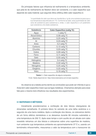 Pensando as Licenciaturas 2 Capítulo 3 39
Os principais fatores que influencia tal resfriamento é a temperatura ambiente;
que pela lei de resfriamento de Newton deve ser constante, e o calor especifico que
depende de cada material, que segundo Silva (2003,p.392) calor especifico é:
“a quantidade de calor que deve ser transferida a 1g de uma substancia para que a
sua temperatura seja elevada em 10
C. Conforme se sabe, essa quantidade de calor
varia de substancia para substancia e, então, o calor específico e um parâmetro
que caracteriza uma dada substancia.
Substância Calor Específico (cal/g.ºC)
Água 1 cal/g.ºC
Álcool Etílico 0,58 cal/g.ºC
Alumínio 0,22 cal/g.ºC
Ar 0,24 cal/g.ºC
Areia 0,2 cal/g.ºC
Carbono 0,12 cal/g.ºC
Chumbo 0,03 cal/g.ºC
Cobre 0,09 cal/g.ºC
Ferro 0,11 cal/g.ºC
Gelo 0,50 cal/g.ºC
Hidrogênio 3,4 cal/g.ºC
Madeira 0,42 cal/g.ºC
Nitrogênio 0,25 cal/g.ºC
Oxigênio 0,22 cal/g.ºC
Vidro 0,16 cal/g.ºC
Tabela 1 - Calor especifico de alguns compostos
Fonte: Tabela disponível em: https://www.todamateria.com.br/calor-especifico
Ao observa-se a tabela acima dentre as conclusões que pode ser inferida é que a
Areia tem calor especifico maior que as ligas metálicas. Chamamos atenção para esse
fato pois o mesmo terá influência nos resultados dos experimentos.
3 | 	MATERIAIS E MÉTODOS
Inicialmente providenciamos a confecção de dois blocos retangulares de
dimensões semelhante. O primeiro bloco foi extraído de uma telha cerâmica e o
segundo de uma barra metálica. Após a confecção dos blocos, os colocamos dentro
de um forno elétrico domésticos e os deixamos durante 60 minutos submetido a
uma temperatura de 250 º
C. Após esse tempo e com auxílio de um alicate com cabo
revestido retiramos um dos blocos e colocamos sobre uma superfície de madeira,
num ambiente cuja temperatura ambiente era aproximadamente 27 º
C e, usando um
termômetro infravermelho, mesuramos o valor da temperatura com o transcorrer do
 