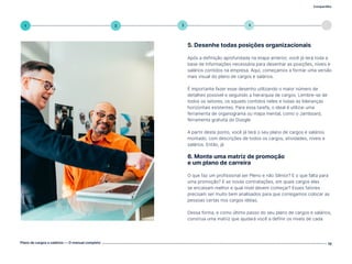 Compartilhe
Plano de cargos e salários — O manual completo 18
5
4
3
2
1
5. Desenhe todas posições organizacionais
Após a definição aprofundada na etapa anterior, você já terá toda a
base de informações necessária para desenhar as posições, níveis e
salários contidos na empresa. Aqui, começamos a formar uma versão
mais visual do plano de cargos e salários.
É importante fazer esse desenho utilizando o maior número de
detalhes possível e seguindo a hierarquia de cargos. Lembre-se de
todos os setores, os squads contidos neles e todas as lideranças
horizontais existentes. Para essa tarefa, o ideal é utilizar uma
ferramenta de organograma ou mapa mental, como o Jamboard,
ferramenta gratuita do Google.
A partir deste ponto, você já terá o seu plano de cargos e salários
montado, com descrições de todos os cargos, atividades, níveis e
salários. Então, já
6. Monte uma matriz de promoção
e um plano de carreira
O que faz um profissional ser Pleno e não Sênior? E o que falta para
uma promoção? E as novas contratações, em quais cargos elas
se encaixam melhor e qual nível devem começar? Esses fatores
precisam ser muito bem analisados para que consigamos colocar as
pessoas certas nos cargos ideias.
Dessa forma, e como último passo do seu plano de cargos e salários,
construa uma matriz que ajudará você a definir os níveis de cada
Volte ao índice
 