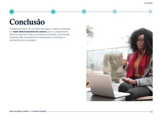 Compartilhe
Plano de cargos e salários — O manual completo 22
1 5
4
3
2
Conclusão
O desenvolvimento de um plano de cargos e salários possibilita
um maior direcionamento de carreira para os colaboradores,
além de organizar todas as posições da empresa, aumentando,
prezando pela transparência e aumentando a motivação e
satisfação entre as equipes.
Volte ao índice
 