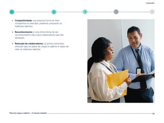 4
Compartilhe
Plano de cargos e salários — O manual completo 08
1 5
3
2
• Competitividade: sua empresa torna-se mais
competitiva no mercado, podendo conquistar os
melhores talentos;
• Reconhecimento: é uma ótima forma de dar
reconhecimento claro para colaboradores que são
destaque;
• Retenção de colaboradores: os pontos anteriores
reforçam que um plano de cargos e salários é capaz de
reter os melhores talentos.
Volte ao índice
 