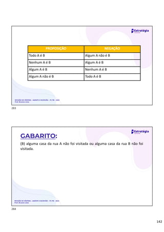 142
REVISÃO DE VÉSPERA – AGENTE E ESCRIVÃO – PC PB – 2022
Prof. Brunno Lima
PROPOSIÇÃO NEGAÇÃO
Todo A é B Algum A não é B
Nenhum A é B Algum A é B
Algum A é B Nenhum A é B
Algum A não é B Todo A é B
(B) alguma casa da rua A não foi visitada ou alguma casa da rua B não foi
visitada.
REVISÃO DE VÉSPERA – AGENTE E ESCRIVÃO – PC PB – 2022
Prof. Brunno Lima
GABARITO:
283
284
 