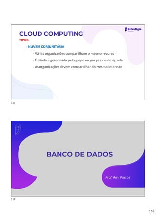 159
TIPOS
- NUVEM COMUNITÁRIA
- Várias organizações compartilham o mesmo recurso
- É criada e gerenciada pelo grupo ou por pessoa designada
- As organizações devem compartilhar do mesmo interesse
CLOUD COMPUTING
Prof. Rani Passos
BANCO DE DADOS
317
318
 