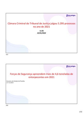 172
Câmara Criminal do Tribunal de Justiça julgou 5.295 processos
no ano de 2021
TJ-PB
25/01/2022
Forças de Segurança apreendem mais de 4,6 toneladas de
entorpecentes em 2021
Governo do Estado da Paraíba
21/12/2021
343
344
 