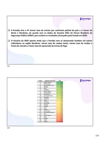 175
 A Paraíba tem a 4ª menor taxa de mortes por confronto policial do país e a menor do
Norte e Nordeste, de acordo com os dados do Anuário 2021 do Fórum Brasileiro de
Segurança Pública (FBSP), que contém os resultados alcançados pelo Estado em 2020.
 O Anuário do FBSP aponta ainda que a Paraíba vem se destacando também em outros
indicadores na região Nordeste: menor taxa de roubos totais, menor taxa de roubos e
furtos de veículos e maior taxa de apreensão de armas de fogo.
349
350
 