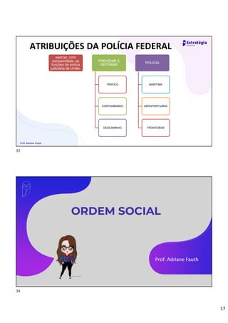 17
ATRIBUIÇÕES DA POLÍCIA FEDERAL
exercer, com
exclusividade, as
funções de polícia
judiciária da União.
PREVENIR E
REPRIMIR
TRÁFICO
CONTRABANDO
DESCAMINHO
POLÍCIA
MARÍTIMA
AEROPORTUÁRIA
FRONTEIRAS
Prof. Adriane Fauth
ORDEM SOCIAL
Prof. Adriane Fauth
33
34
 