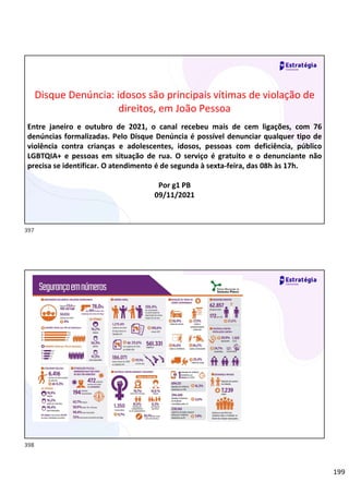 199
Relações
sociais
Disque Denúncia: idosos são principais vítimas de violação de
direitos, em João Pessoa
Entre janeiro e outubro de 2021, o canal recebeu mais de cem ligações, com 76
denúncias formalizadas. Pelo Disque Denúncia é possível denunciar qualquer tipo de
violência contra crianças e adolescentes, idosos, pessoas com deficiência, público
LGBTQIA+ e pessoas em situação de rua. O serviço é gratuito e o denunciante não
precisa se identificar. O atendimento é de segunda à sexta-feira, das 08h às 17h.
Por g1 PB
09/11/2021
397
398
 