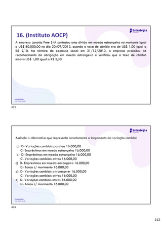 212
Contabilidade
Prof. Silvio Sande
16. (Instituto AOCP)
A empresa Laranja Free S/A contratou uma dívida em moeda estrangeira no montante igual
a US$ 80.000,00 no dia 20/09/2013, quando a taxa de câmbio era de US$ 1,00 igual a
R$ 2,10. No término do exercício social em 31/12/2013, a empresa procedeu ao
reconhecimento da obrigação em moeda estrangeira e verificou que a taxa de câmbio
estava US$ 1,00 igual a R$ 2,30.
Contabilidade
Prof. Silvio Sande
Assinale a alternativa que representa corretamente o lançamento da variação cambial.
a) D- Variações cambiais passivas 16.000,00
C- Empréstimos em moeda estrangeira 16.000,00
b) D- Empréstimos em moeda estrangeira 16.000,00
C- Variações cambiais ativas 16.000,00
c) D- Empréstimos em moeda estrangeira 16.000,00
C- Banco c/ movimento 16.000,00
d) D- Variações cambiais a transcorrer 16.000,00
C- Variações cambiais ativas 16.000,00
e) D- Variações cambiais ativas 16.000,00
D- Banco c/ movimento 16.000,00
423
424
 