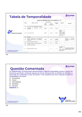 245
Arquivologia para Concursos
Prof. Ricardo Campanario
Tabela de Temporalidade
Questão Comentada
14. (CEBRASPE/MPC TCE-PA/Assistente Ministerial/2019) A tabela de temporalidade controla o acúmulo dos
documentos, permitindo a eliminação daqueles que não são mais necessários às atividades da instituição e a
preservação dos considerados de valor permanente. A fase arquivística que inicia a aplicação da tabela de
temporalidade é a do arquivo
a) Permanente
b) Inativo
c) Intermediário
d) Semiativo
e) Corrente
GABARITO - E
Arquivologia para Concursos
Prof. Ricardo Campanario
489
490
 