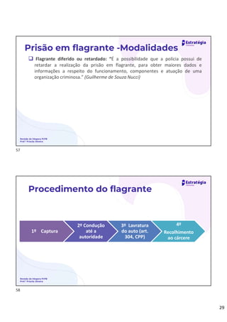 29
 Flagrante diferido ou retardado: “É a possibilidade que a polícia possui de
retardar a realização da prisão em flagrante, para obter maiores dados e
informações a respeito do funcionamento, componentes e atuação de uma
organização criminosa.” (Guilherme de Souza Nucci)
Revisão de Véspera PCPB
Prof.ª Priscila Silveira
Prisão em flagrante -Modalidades
Procedimento do flagrante
1º Captura
2º Condução
até a
autoridade
3º Lavratura
do auto (art.
304, CPP)
4º
Recolhimento
ao cárcere
Revisão de Véspera PCPB
Prof.ª Priscila Silveira
57
58
 