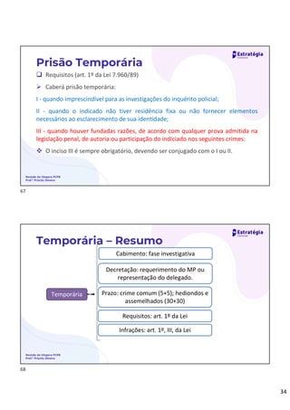 34
 Requisitos (art. 1º da Lei 7.960/89)
 Caberá prisão temporária:
I - quando imprescindível para as investigações do inquérito policial;
II - quando o indicado não tiver residência fixa ou não fornecer elementos
necessários ao esclarecimento de sua identidade;
III - quando houver fundadas razões, de acordo com qualquer prova admitida na
legislação penal, de autoria ou participação do indiciado nos seguintes crimes:
 O inciso III é sempre obrigatório, devendo ser conjugado com o I ou II.
Prisão Temporária
Revisão de Véspera PCPB
Prof.ª Priscila Silveira
Temporária – Resumo
Temporária
Cabimento: fase investigativa
Decretação: requerimento do MP ou
representação do delegado.
Prazo: crime comum (5+5); hediondos e
assemelhados (30+30)
Requisitos: art. 1º da Lei
Infrações: art. 1º, III, da Lei
Revisão de Véspera PCPB
Prof.ª Priscila Silveira
67
68
 