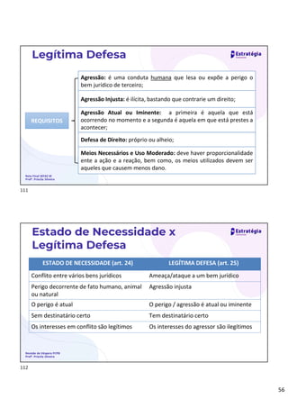 56
Reta Final SEFAZ SE
Profª. Priscila Silveira
Legítima Defesa
REQUISITOS
Agressão: é uma conduta humana que lesa ou expõe a perigo o
bem jurídico de terceiro;
Agressão Injusta: é ilícita, bastando que contrarie um direito;
Agressão Atual ou Iminente: a primeira é aquela que está
ocorrendo no momento e a segunda é aquela em que está prestes a
acontecer;
Defesa de Direito: próprio ou alheio;
Meios Necessários e Uso Moderado: deve haver proporcionalidade
ente a ação e a reação, bem como, os meios utilizados devem ser
aqueles que causem menos dano.
Revisão de Véspera PCPB
Profª. Priscila Silveira
Estado de Necessidade x
Legítima Defesa
ESTADO DE NECESSIDADE (art. 24) LEGÍTIMA DEFESA (art. 25)
Conflito entre vários bens jurídicos Ameaça/ataque a um bem jurídico
Perigo decorrente de fato humano, animal
ou natural
Agressão injusta
O perigo é atual O perigo / agressão é atual ou iminente
Sem destinatário certo Tem destinatário certo
Os interesses em conflito são legítimos Os interesses do agressor são ilegítimos
111
112
 