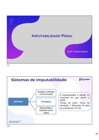 59
IMPUTABILIDADE PENAL
Profª. Priscila Silveira
Sistemas de Imputabilidade
Revisão de Véspera PCPB
Profª. Priscila Silveira
SISTEMAS
Biológico (adotado
como exceção)
Psicológico
Biopsicológico
(adotado como
regra)
A imputabilidade é aferida no
momento em que ocorre o
FATO.
Tempo do crime: Teoria da
atividade -> Momento da ação
ou omissão (art. 4º, CP)
117
118
 