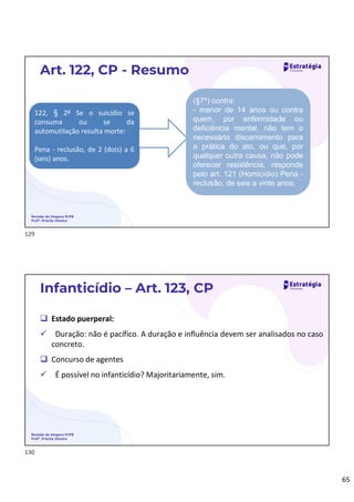 65
Revisão de Véspera PCPB
Profª. Priscila Silveira
Art. 122, CP - Resumo
122, § 2º Se o suicídio se
consuma ou se da
automutilação resulta morte:
Pena - reclusão, de 2 (dois) a 6
(seis) anos.
(§7º) contra:
- menor de 14 anos ou contra
quem, por enfermidade ou
deficiência mental, não tem o
necessário discernimento para
a prática do ato, ou que, por
qualquer outra causa, não pode
oferecer resistência, responde
pelo art. 121 (Homicídio) Pena -
reclusão, de seis a vinte anos.
Revisão de Véspera PCPB
Profª. Priscila Silveira
Infanticídio – Art. 123, CP
 Estado puerperal:
 Duração: não é pacífico. A duração e influência devem ser analisados no caso
concreto.
 Concurso de agentes
 É possível no infanticídio? Majoritariamente, sim.
129
130
 