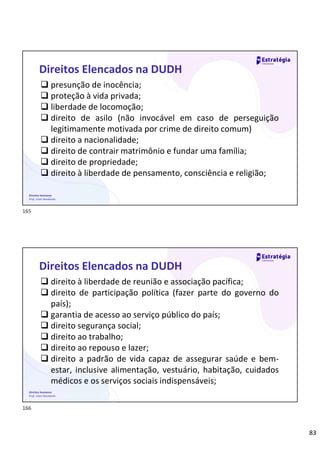 83
Direitos Humanos
Prof. Lilian Novakoski
Direitos Elencados na DUDH
 presunção de inocência;
 proteção à vida privada;
 liberdade de locomoção;
 direito de asilo (não invocável em caso de perseguição
legitimamente motivada por crime de direito comum)
 direito a nacionalidade;
 direito de contrair matrimônio e fundar uma família;
 direito de propriedade;
 direito à liberdade de pensamento, consciência e religião;
Direitos Humanos
Prof. Lilian Novakoski
Direitos Elencados na DUDH
 direito à liberdade de reunião e associação pacífica;
 direito de participação política (fazer parte do governo do
país);
 garantia de acesso ao serviço público do país;
 direito segurança social;
 direito ao trabalho;
 direito ao repouso e lazer;
 direito a padrão de vida capaz de assegurar saúde e bem-
estar, inclusive alimentação, vestuário, habitação, cuidados
médicos e os serviços sociais indispensáveis;
165
166
 