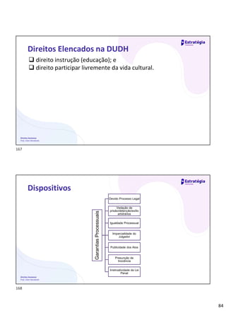 84
Direitos Humanos
Prof. Lilian Novakoski
Direitos Elencados na DUDH
 direito instrução (educação); e
 direito participar livremente da vida cultural.
Direitos Humanos
Prof. Lilian Novakoski
Dispositivos
Garantias
Processuais
Devido Processo Legal
Vedação de
prisão/detenção/exílio
arbitrários
Igualdade Processual
Imparcialidade do
Julgador
Publicidade dos Atos
Presunção de
Inocência
Irretroatividade da Lei
Penal
167
168
 