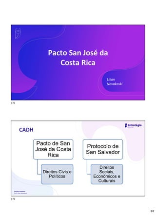 87
Direitos Humanos
Prof. Lilian Novakoski
Lilian
Novakoski
Pacto San José da
Costa Rica
Direitos Humanos
Prof. Lilian Novakoski
CADH
Pacto de San
José da Costa
Rica
Direitos Civis e
Políticos
Protocolo de
San Salvador
Direitos
Sociais,
Econômicos e
Culturais
173
174
 