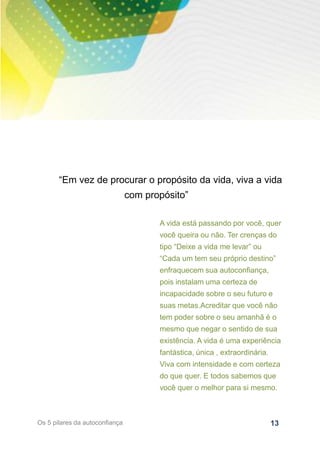 13Os 5 pilares da autoconfiança
A vida está passando por você, quer
você queira ou não. Ter crenças do
tipo “Deixe a vida me levar” ou
“Cada um tem seu próprio destino”
enfraquecem sua autoconfiança,
pois instalam uma certeza de
incapacidade sobre o seu futuro e
suas metas.Acreditar que você não
tem poder sobre o seu amanhã é o
mesmo que negar o sentido de sua
existência. A vida é uma experiência
fantástica, única , extraordinária.
Viva com intensidade e com certeza
do que quer. E todos sabemos que
você quer o melhor para si mesmo.
“Em vez de procurar o propósito da vida, viva a vida
com propósito”
 