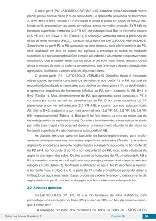 Solos nos Biomas Brasileiros 2 Capítulo 10 94
O sexto perfil (P6 - LATOSSOLO VERMELHO Distrófico típico A moderado relevo
plano) possui declive plano (1% de declividade), e apresenta sequência de horizontes
A, Bw1, Bw2 e Bw3 (Tabela 1). A transição é difusa e plana em todos os horizontes.
Neste perfil, predominam as cores vermelhas, sendo vermelho-amarelo (5YR 4/6) no
horizonte superficial; vermelho (2,5 YR 5/8) no subsuperficial Bw1; e vermelho-escuro
(2,5 YR 4/8) em Bww2 e B3 (Tabela 1). A coloração vermelha indica a presença do
óxido de ferro hematita (Fe2
O3
), característica típica de LATOSOLOS VERMELHOS.
Semelhante ao perfil P2, o P6 apresenta-se bem drenado, mas diferentemente do P2,
está localizado em área de pouco uso agrícola. A presença de raízes no horizonte
superficial A e no subsuperficial Bw1 é muito abundante a abundante, respectivamente
ressaltando que provavelmente quando seco, é um solo mais friável, ressaltando-se
ainda o preparo do solo no sistema convencional, que favorece a desestruturação dos
agregados, facilitando a penetração de algumas raízes.
O sétimo perfil (P7 - LATOSSOLO VERMELHO Distrófico típico A moderado
relevo plano), apresenta característica semelhante aos perfis P2 e P6, no qual se
encontrando localizado em uma área com declive de relevo plano (1% de declividade),
e apresenta sequência de horizontes idêntico ao P2, com horizonte A, AB, Bw1 e
Bw2 (Tabela 1). Mas, diferentemente do P2, que apresenta cores bunadas, o P7 é
composto por cores vermelhas, semelhantes ao P6. O horizonte superficial do P7
observa-se a cor vermelho-escuro (2,5 YR 4/8); enquanto que nos subsuperficiais
AB, Bw1 e Bw2 predomina a cor mais avermelhada (2,5 YR 5/8; 2,5 YR 6/6; 2,5 YR
6/8, respectivamente) (Tabela 1). Este perfil foi feito dentro da área de maior uso da
fazenda (plantios de espécies anuais). Durante o levantamento, a área estava ocupada
por milho (zea mays) e foi possível observar presença muito abundante de raízes no
horizonte superficial A e abundantes no subsuperficial AB.
As classes texturais variaram bastante de franco-argilo-arenoso para argilo-
arenoso, principalmente nos horizontes superficiais estudados (Tabela 1). A textura
argilosa foi encontrada somente nos horizontes subsuperficiais, como no horizonte B2
do P2 e P4, no horizonte B do P5 e no horizonte B3 do P6, mostrando influência da
argila na drenagem dos solos. Os três primeiros horizontes do P2, o horizonte A, AB e
B1 apresentam classe textural argilo-arenoso, ou seja, possuem maior teor de areia em
relação à argila (Tabela 1), facilitando a infiltração de água. No P5 acontece o inverso,
o horizonte mais argiloso é o B, a partir de 27 cm de profundidade podendo tornar a
infiltração de água mais lenta. Esses processos podem favorecer o deslocamento de
argila dentro do perfil, concentrando argila nos horizontes mais subsuperficiais.
3.2	 Atributos químicos
Os LATOSSOLOS (P1, P2, P6 e o P7) tratam-se de solos distróficos, com
porcentagem da saturação por base (V%) abaixo de 50% e o teor de alumínio menor
que 4 cmolc dm³.
	 A saturação por base dos horizontes de todos os perfis de LATOSSOLOS
 