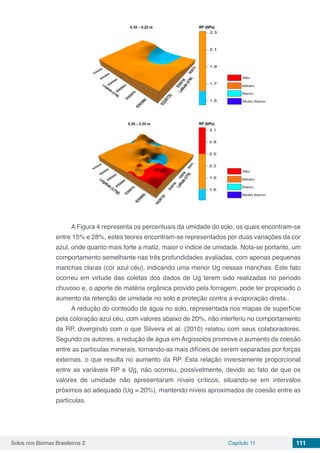 Solos nos Biomas Brasileiros 2 Capítulo 11 111
A Figura 4 representa os percentuais da umidade do solo, os quais encontram-se
entre 15% e 28%, estes teores encontram-se representados por duas variações da cor
azul, onde quanto mais forte a matiz, maior o índice de umidade. Nota-se portanto, um
comportamento semelhante nas três profundidades avaliadas, com apenas pequenas
manchas claras (cor azul céu), indicando uma menor Ug nessas manchas. Este fato
ocorreu em virtude das coletas dos dados de Ug terem sido realizadas no período
chuvoso e, o aporte de matéria orgânica provido pela forragem, pode ter propiciado o
aumento da retenção de umidade no solo e proteção contra a evaporação direta..
A redução do conteúdo de água no solo, representada nos mapas de superfície
pela coloração azul céu, com valores abaixo de 20%, não interferiu no comportamento
da RP, divergindo com o que Silveira et al. (2010) relatou com seus colaboradores.
Segundo os autores, a redução de água em Argissolos promove o aumento da coesão
entre as partículas minerais, tornando-as mais difíceis de serem separadas por forças
externas, o que resulta no aumento da RP. Esta relação inversamente proporcional
entre as variáveis RP e Ug, não ocorreu, possivelmente, devido ao fato de que os
valores de umidade não apresentaram níveis críticos, situando-se em intervalos
próximos ao adequado (Ug = 20%), mantendo níveis aproximados de coesão entre as
partículas.
 