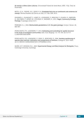 Solos nos Biomas Brasileiros 2 Capítulo 12 124
de manejo e efeito sobre culturas. Universidade Federal de Santa Maria, 2005. 110p. (Tese de
Doutorado).
MOTA, J.C.A., FREIRE, A.G., ASSIS, R. N. Qualidade física de um cambissolo sob sistemas de
manejo. Revista Brasileira de Ciencia do Solo, 37:1196-1206, 2013.
OKSANEN, J., BLANCHET, F., KINDT, R., LEGENDRE, P., MINCHIN, P., O’HARA, R., SIMPSON,
G., SOLYMOS, P., HENRY, M., STEVENS, H., WAGNER, H., 2015. Vegan: Community Ecology
Package. R package version 2.2-1.
PEBESMA, E.J., 2004. Multivariable geostatistics in S: the gstat package. Comput. Geosci. 30,
683–691.
PERES-NETO, P.R., LEGENDRE, P., 2010. Estimating and controlling for spatial structure
in the study of ecological communities. Glob. Ecol. Biogeogr. 19, 174–184. doi:10.1111
/j.1466-8238.2009.00506.
PERES-NETO, P.R., LEGENDRE, P., DRAY, S., BORCARD, D., 2006. Variation partitioning of
species data matrices: estimation and comparisons of fractions. Ecology 87, 2614–2625.
doi:10.1890/0012-9658(2006)87[2614:VPOSDM]2.0.CO;2
QUINN, G.P., KEOUGH, M.J., 2002. Experimental Design and Data Analysis for Biologists. Press,
Cambridge University, Cambridge.
 