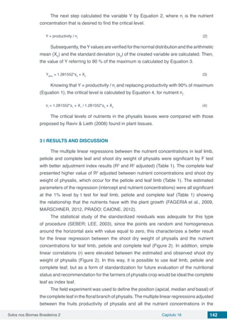 Solos nos Biomas Brasileiros 2 Capítulo 16 142
The next step calculated the variable Y by Equation 2, where ni
is the nutrient
concentration that is desired to find the critical level.
Y = productivity / ni
(2)
Subsequently, theYvalues are verified for the normal distribution and the arithmetic
mean (X2
) and the standard deviation (s2
) of the created variable are calculated. Then,
the value of Y referring to 90 % of the maximum is calculated by Equation 3.
Y90%
= 1.281552*s2
+ X2
(3)
Knowing that Y = productivity / ni
and replacing productivity with 90% of maximum
(Equation 1), the critical level is calculated by Equation 4, for nutrient ni
.
ni
= 1.281552*s1
+ X1
/ 1.281552*s2
+ X2
(4)
The critical levels of nutrients in the physalis leaves were compared with those
proposed by Raviv & Lieth (2008) found in plant tissues.
3 | 	RESULTS AND DISCUSSION
The multiple linear regressions between the nutrient concentrations in leaf limb,
petiole and complete leaf and shoot dry weight of physalis were significant by F test
with better adjustment index results (R2
and R2
adjusted) (Table 1). The complete leaf
presented higher value of R2
adjusted between nutrient concentrations and shoot dry
weight of physalis, which occur for the petiole and leaf limb (Table 1). The estimated
parameters of the regression (intercept and nutrient concentrations) were all significant
at the 1% level by t test for leaf limb, petiole and complete leaf (Table 1) showing
the relationship that the nutrients have with the plant growth (FAGERIA et al., 2009,
MARSCHNER, 2012, PRADO; CAIONE, 2012).
The statistical study of the standardized residuals was adequate for this type
of procedure (SEBER; LEE, 2003), since the points are random and homogeneous
around the horizontal axis with value equal to zero, this characterizes a better result
for the linear regression between the shoot dry weight of physalis and the nutrient
concentrations for leaf limb, petiole and complete leaf (Figure 2). In addition, simple
linear correlations (r) were elevated between the estimated and observed shoot dry
weight of physalis (Figure 2). In this way, it is possible to use leaf limb, petiole and
complete leaf, but as a form of standardization for future evaluation of the nutritional
status and recommendation for the farmers of physalis crop would be ideal the complete
leaf as index leaf.
The field experiment was used to define the position (apical, median and basal) of
the complete leaf in the floral branch of physalis. The multiple linear regressions adjusted
between the fruits productivity of physalis and all the nutrient concentrations in the
 