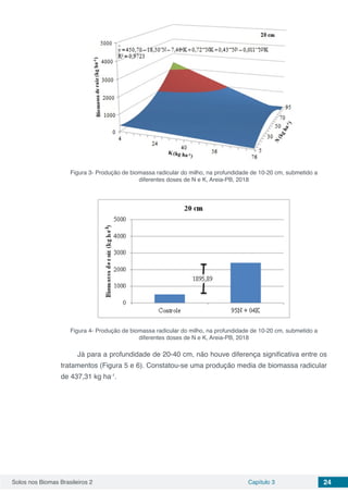 Solos nos Biomas Brasileiros 2 Capítulo 3 24
Figura 3- Produção de biomassa radicular do milho, na profundidade de 10-20 cm, submetido a
diferentes doses de N e K, Areia-PB, 2018
Figura 4- Produção de biomassa radicular do milho, na profundidade de 10-20 cm, submetido a
diferentes doses de N e K, Areia-PB, 2018
Já para a profundidade de 20-40 cm, não houve diferença significativa entre os
tratamentos (Figura 5 e 6). Constatou-se uma produção media de biomassa radicular
de 437,31 kg ha-1
.
 