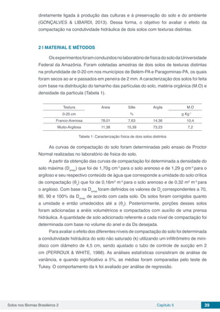Solos nos Biomas Brasileiros 2 Capítulo 5 39
diretamente ligada à produção das culturas e à preservação do solo e do ambiente
(GONÇALVES & LIBARDI, 2013). Dessa forma, o objetivo foi avaliar o efeito da
compactação na condutividade hidráulica de dois solos com texturas distintas.
2 | 	MATERIAL E MÉTODOS
OsexperimentosforamconduzidosnolaboratóriodefísicadosolodaUniversidade
Federal da Amazônia. Foram coletadas amostras de dois solos de texturas distintas
na profundidade de 0-20 cm nos municípios de Belém-PA e Paragominas-PA, os quais
foram secos ao ar e passados em peneira de 2 mm. A caracterização dos solos foi feita
com base na distribuição do tamanho das partículas do solo, matéria orgânica (M.O) e
densidade da partícula (Tabela 1).
Textura Areia Silte Argila M.O
0-20 cm % g Kg-1
Franco-Arenosa 78,01 7,63 14,36 10,4
Muito-Argilosa 11,38 15,39 73,23 7,2
Tabela 1: Caracterização física de dois solos distintos
As curvas de compactação do solo foram determinadas pelo ensaio de Proctor
Normal realizadas no laboratório de física do solo.
A partir da obtenção das curvas de compactação foi determinada a densidade do
solo máxima (Dsmax
) que foi de 1,70g cm-3
para o solo arenoso e de 1,29 g cm-3
para o
argiloso e seu respectivo conteúdo de água que corresponde a umidade do solo crítica
de compactação (θc
) que foi de 0,16m3
m-3
para o solo arenoso e de 0,32 m3
m-3
para
o argiloso. Com base na Dsmax
foram definidos os valores de Ds
correspondentes a 70,
80, 90 e 100% da Dsmax
de acordo com cada solo. Os solos foram corrigidos quanto
a umidade e então umedecidos até a (θc
). Posteriormente, porções desses solos
foram adicionadas a anéis volumétricos e compactados com auxílio de uma prensa
hidráulica. A quantidade de solo adicionado referente a cada nível de compactação foi
determinada com base no volume do anel e da Ds desejada.
Para avaliar o efeito dos diferentes níveis de compactação do solo foi determinada
a condutividade hidráulica do solo não saturado (k) utilizando um infiltrômetro de mini-
disco com diâmetro de 4,5 cm, sendo ajustado o tubo de controle de sucção em 2
cm (PERROUX & WHITE, 1988). As análises estatísticas consistiram de análise de
variância, e quando significativo a 5%, as médias foram comparadas pelo teste de
Tukey. O comportamento da k foi avaliado por análise de regressão.
 