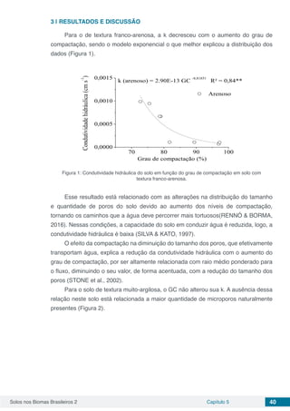 Solos nos Biomas Brasileiros 2 Capítulo 5 40
3 | 	RESULTADOS E DISCUSSÃO
Para o de textura franco-arenosa, a k decresceu com o aumento do grau de
compactação, sendo o modelo exponencial o que melhor explicou a distribuição dos
dados (Figura 1).
Figura 1: Condutividade hidráulica do solo em função do grau de compactação em solo com
textura franco-arenosa.
Esse resultado está relacionado com as alterações na distribuição do tamanho
e quantidade de poros do solo devido ao aumento dos níveis de compactação,
tornando os caminhos que a água deve percorrer mais tortuosos(RENNÓ & BORMA,
2016). Nessas condições, a capacidade do solo em conduzir água é reduzida, logo, a
condutividade hidráulica é baixa (SILVA & KATO, 1997).
O efeito da compactação na diminuição do tamanho dos poros, que efetivamente
transportam água, explica a redução da condutividade hidráulica com o aumento do
grau de compactação, por ser altamente relacionada com raio médio ponderado para
o fluxo, diminuindo o seu valor, de forma acentuada, com a redução do tamanho dos
poros (STONE et al., 2002).
Para o solo de textura muito-argilosa, o GC não alterou sua k. A ausência dessa
relação neste solo está relacionada a maior quantidade de microporos naturalmente
presentes (Figura 2).
 