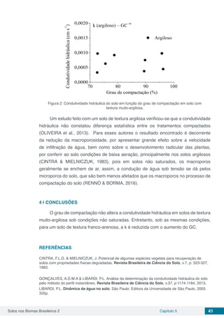 Solos nos Biomas Brasileiros 2 Capítulo 5 41
Figura 2: Condutividade hidráulica do solo em função do grau de compactação em solo com
textura muito-argilosa.
Um estudo feito com um solo de textura argilosa verificou-se que a condutividade
hidráulica não constatou diferença estatística entre os tratamentos compactados
(OLIVEIRA et al., 2013). Para esses autores o resultado encontrado é decorrente
da redução da macroporosidade, por apresentar grande efeito sobre a velocidade
de infiltração de água, bem como sobre o desenvolvimento radicular das plantas,
por conferir ao solo condições de baixa aeração, principalmente nos solos argilosos
(CINTRA  & MIELNICZUK, 1983), pois em solos não saturados, os macroporos
geralmente se enchem de ar, assim, a condução de água sob tensão se dá pelos
microporos do solo, que são bem menos afetados que os macroporos no processo de
compactação do solo (RENNÓ & BORMA, 2016).
4 | 	CONCLUSÕES
O grau de compactação não altera a condutividade hidráulica em solos de textura
muito-argilosa sob condições não saturadas. Entretanto, sob as mesmas condições,
para um solo de textura franco-arenosa, a k é reduzida com o aumento do GC.
REFERÊNCIAS
CINTRA, F.L.D. & MIELNICZUK, J. Potencial de algumas espécies vegetais para recuperação de
solos com propriedades físicas degradadas. Revista Brasileira de Ciência do Solo, v.7, p: 323-327,
1983.
GONÇALVES, A.D.M.A & LIBARDI, P.L. Análise da determinação da condutividade hidráulica do solo
pelo método do perfil instantâneo. Revista Brasileira de Ciência do Solo, v.37, p:1174-1184, 2013.
LIBARDI, P.L. Dinâmica da água no solo. São Paulo: Editora da Universidade de São Paulo, 2005.
335p.
 