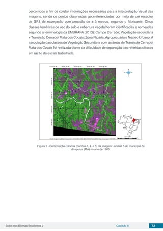 Solos nos Biomas Brasileiros 2 Capítulo 8 72
percorridos a fim de coletar informações necessárias para a interpretação visual das
imagens, sendo os pontos observados georreferenciados por meio de um receptor
de GPS de navegação com precisão de ± 3 metros, segundo o fabricante. Cinco
classes temáticas de uso do solo e cobertura vegetal foram identificadas e nomeadas
segundo a terminologia da EMBRAPA (2013): Campo Cerrado; Vegetação secundária
+ Transição Cerrado/ Mata dos Cocais; Zona Ripária; Agropecuária e Núcleo Urbano. A
associação das classes de Vegetação Secundária com as áreas de Transição Cerrado/
Mata dos Cocais foi realizada diante da dificuldade de separação das referidas classes
em razão da escala trabalhada.
Figura 1 - Composição colorida (bandas 3, 4, e 5) da imagem Landsat 5 do município de
Anapurus (MA) no ano de 1985.
 