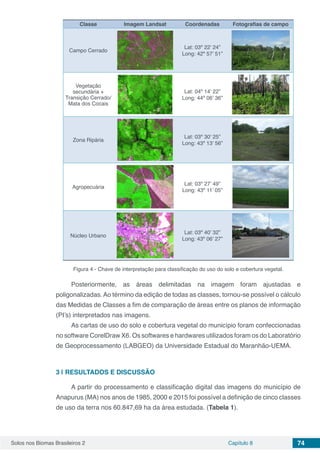 Solos nos Biomas Brasileiros 2 Capítulo 8 74
Classe Imagem Landsat Coordenadas Fotografias de campo
Campo Cerrado
Lat: 03º 22’ 24”
Long: 42º 57’ 51”
Vegetação
secundária +
Transição Cerrado/
Mata dos Cocais
Lat: 04º 14’ 22”
Long: 44º 06’ 36”
Zona Ripária
Lat: 03º 30’ 25”
Long: 43º 13’ 56”
Agropecuária
Lat: 03º 27’ 49”
Long: 43º 11’ 05”
Núcleo Urbano
Lat: 03º 40’ 32”
Long: 43º 06’ 27”
Figura 4 - Chave de interpretação para classificação do uso do solo e cobertura vegetal.
Posteriormente, as áreas delimitadas na imagem foram ajustadas e
poligonalizadas.Ao término da edição de todas as classes, tornou-se possível o cálculo
das Medidas de Classes a fim de comparação de áreas entre os planos de informação
(PI’s) interpretados nas imagens.
As cartas de uso do solo e cobertura vegetal do município foram confeccionadas
no software CorelDraw X6. Os softwares e hardwares utilizados foram os do Laboratório
de Geoprocessamento (LABGEO) da Universidade Estadual do Maranhão-UEMA.
3 | 	RESULTADOS E DISCUSSÃO
A partir do processamento e classificação digital das imagens do município de
Anapurus (MA) nos anos de 1985, 2000 e 2015 foi possível a definição de cinco classes
de uso da terra nos 60.847,69 ha da área estudada. (Tabela 1).
 