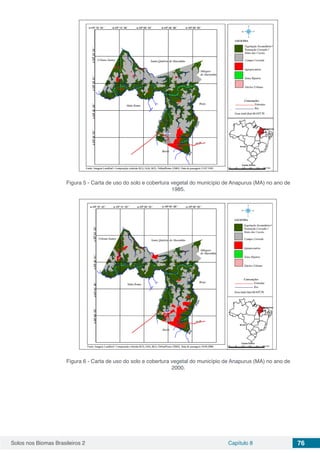 Solos nos Biomas Brasileiros 2 Capítulo 8 76
Figura 5 - Carta de uso do solo e cobertura vegetal do município de Anapurus (MA) no ano de
1985.
Figura 6 - Carta de uso do solo e cobertura vegetal do município de Anapurus (MA) no ano de
2000.
 
