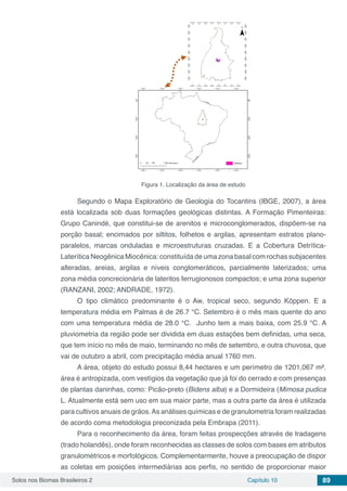 Solos nos Biomas Brasileiros 2 Capítulo 10 89
Figura 1. Localização da área de estudo
Segundo o Mapa Exploratório de Geologia do Tocantins (IBGE, 2007), a área
está localizada sob duas formações geológicas distintas. A Formação Pimenteiras:
Grupo Canindé, que constitui-se de arenitos e microconglomerados, dispõem-se na
porção basal; encimados por siltitos, folhetos e argilas, apresentam estratos plano-
paralelos, marcas onduladas e microestruturas cruzadas. E a Cobertura Detrítica-
Laterítica Neogênica Miocênica: constituída de uma zona basal com rochas subjacentes
alteradas, areias, argilas e níveis conglomeráticos, parcialmente laterizados; uma
zona média concrecionária de lateritos ferrugionosos compactos; e uma zona superior
(RANZANI, 2002; ANDRADE, 1972).
O tipo climático predominante é o Aw, tropical seco, segundo Köppen. E a
temperatura média em Palmas é de 26.7 °C. Setembro é o mês mais quente do ano
com uma temperatura média de 28.0 °C. Junho tem a mais baixa, com 25.9 °C. A
pluviometria da região pode ser dividida em duas estações bem definidas, uma seca,
que tem início no mês de maio, terminando no mês de setembro, e outra chuvosa, que
vai de outubro a abril, com precipitação média anual 1760 mm.
A área, objeto do estudo possui 8,44 hectares e um perímetro de 1201,067 m².
área é antropizada, com vestígios da vegetação que já foi do cerrado e com presenças
de plantas daninhas, como: Picão-preto (Bidens alba) e a Dormideira (Mimosa pudica
L. Atualmente está sem uso em sua maior parte, mas a outra parte da área é utilizada
para cultivos anuais de grãos.As análises químicas e de granulometria foram realizadas
de acordo coma metodologia preconizada pela Embrapa (2011).
Para o reconhecimento da área, foram feitas prospecções através de tradagens
(trado holandês), onde foram reconhecidas as classes de solos com bases em atributos
granulométricos e morfológicos. Complementarmente, houve a preocupação de dispor
as coletas em posições intermediárias aos perfis, no sentido de proporcionar maior
 