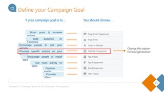 1
05
Chapter 01- Creating Facebook Ad Campaign: Prerequisites
If your campaign goal is to… You should choose…
Encourage people to visit your website
Promote specific actions on your website
Boost posts & increase actions
Build audience on Facebook
Encourage people to install apps
Get more activity on apps
Promote events
Define your Campaign Goal02
Promote offers
Choose this option
for lead generation
 
